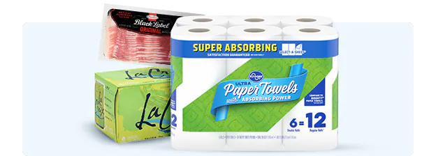 Products include Kroger paper towels, La Croix sparkling water, and Hormel black label bacon.